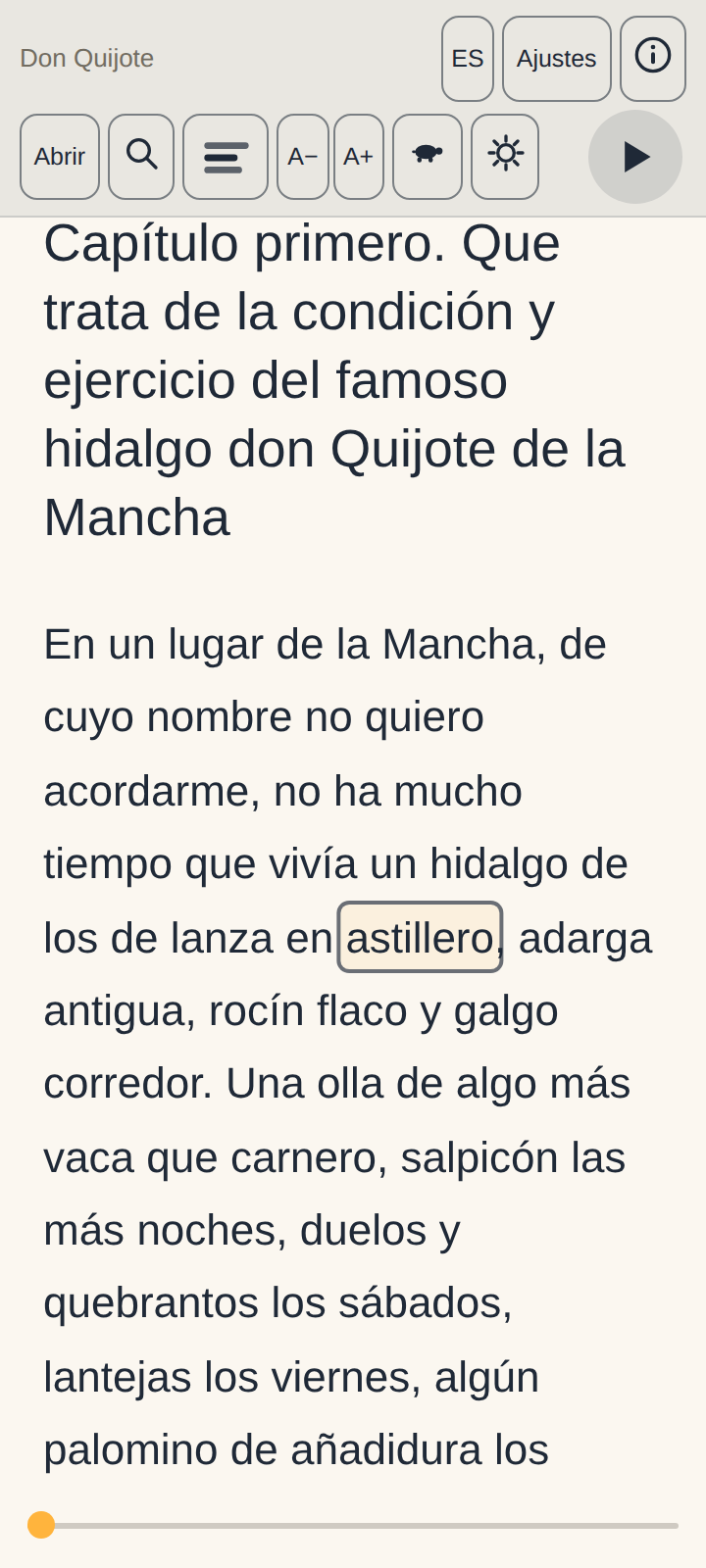 El primer párrafo del Quijote con un recuadro sobre la palabra astillero