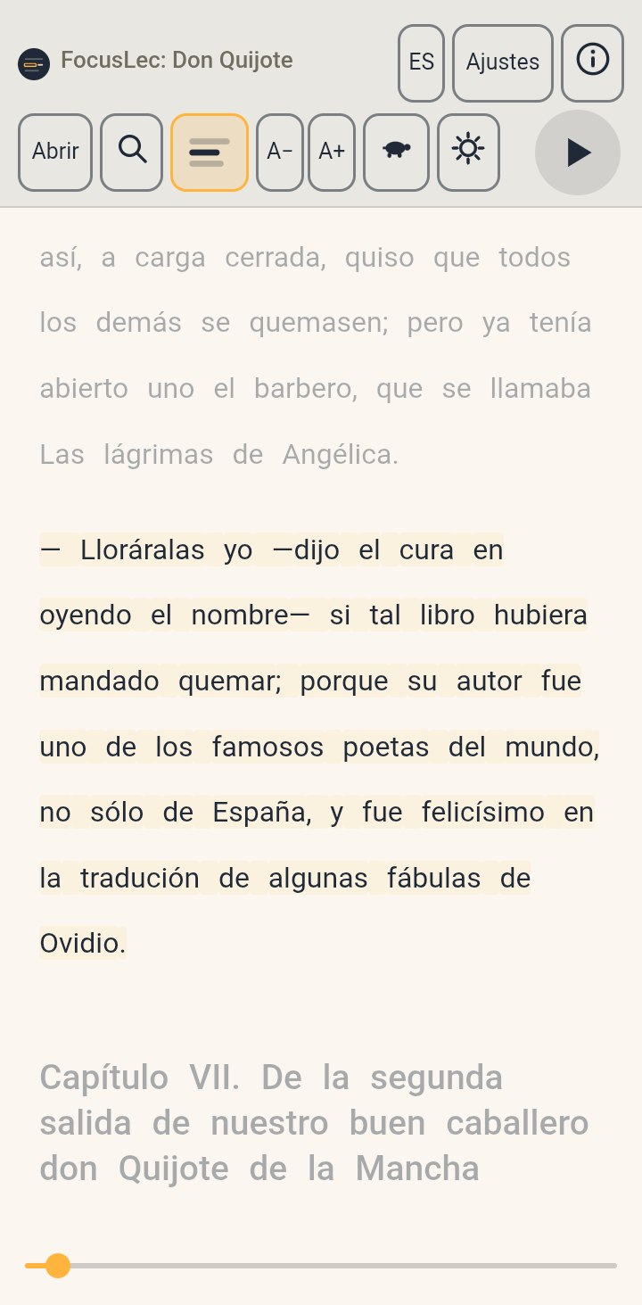 Un párrafo del Quijote marcado y el anterior atenuado