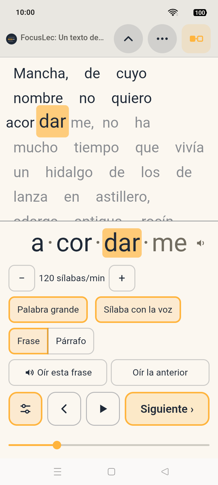 Las opciones del modo sílaba a sílaba abiertas encima de los botones